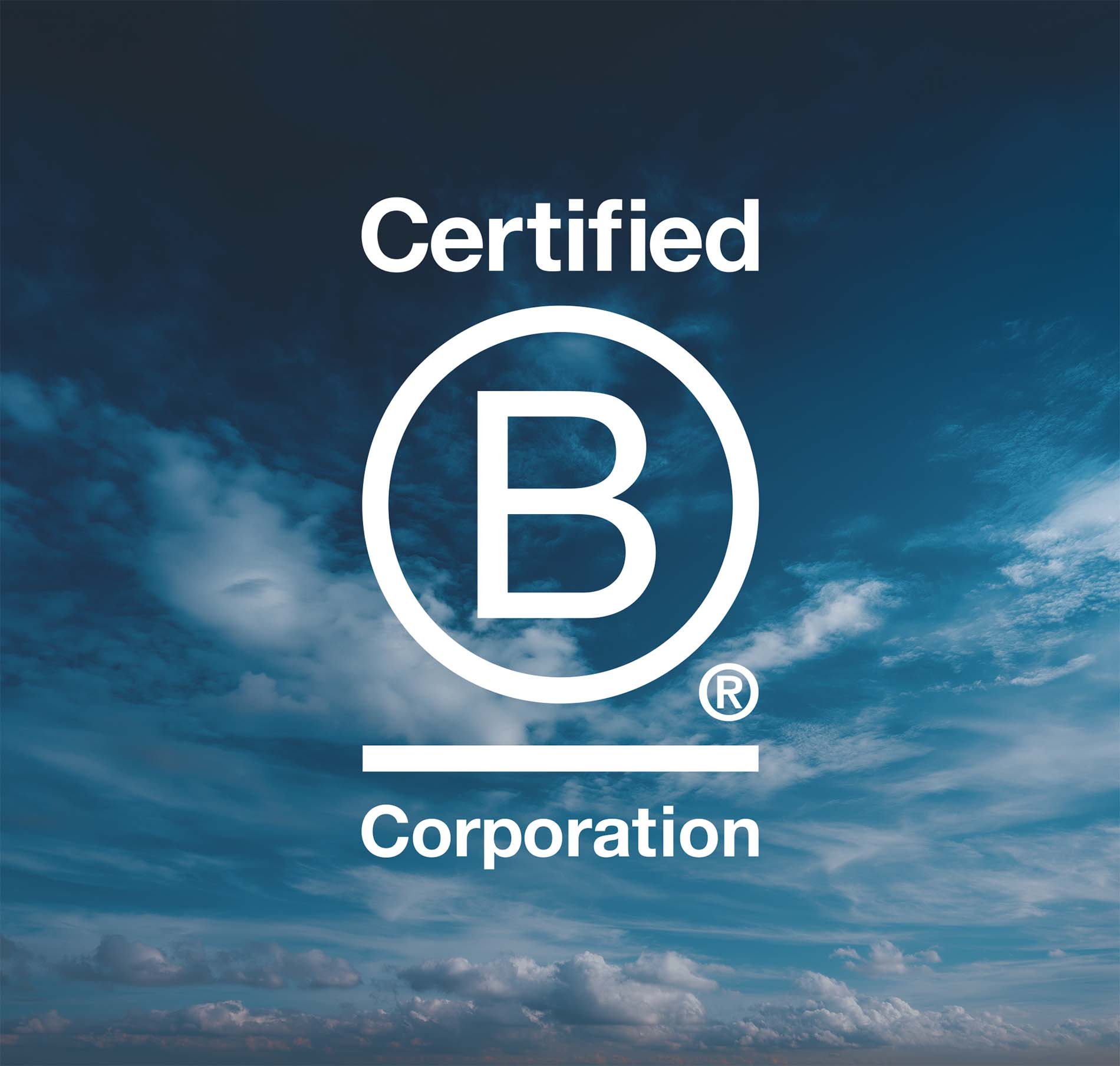 Blue sky photo with an overlay of the Certified B Corporation seal