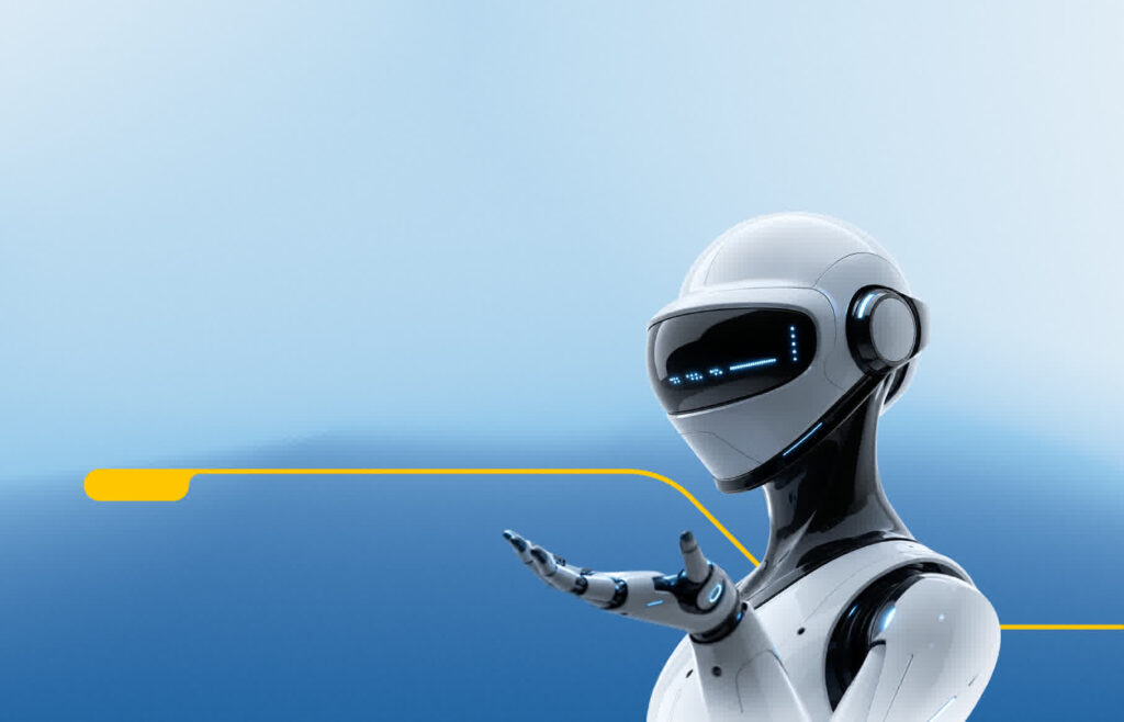 AI Robot with hand out in from of gradient background