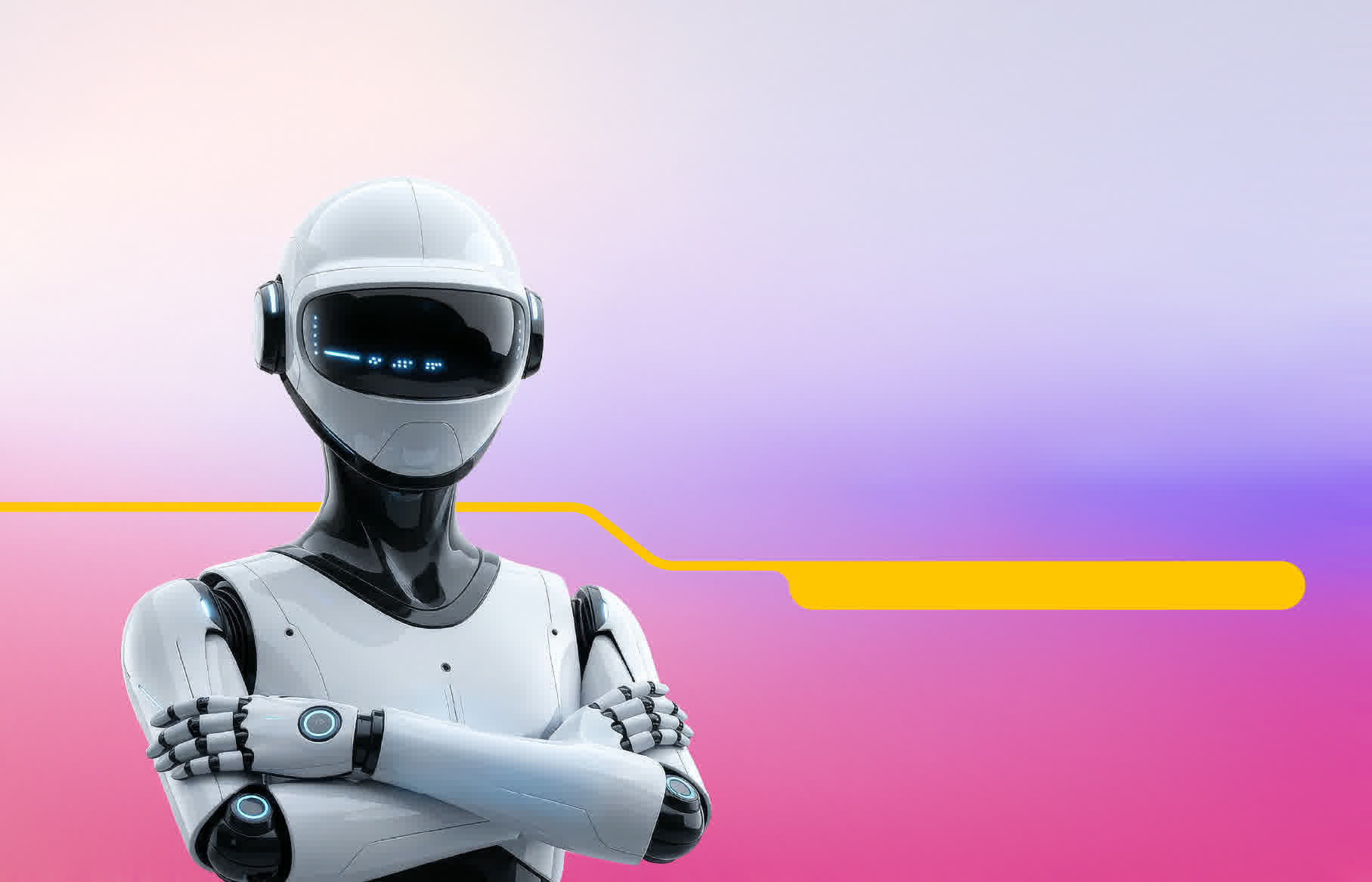 AI Robot with arms crossed in from of gradient background