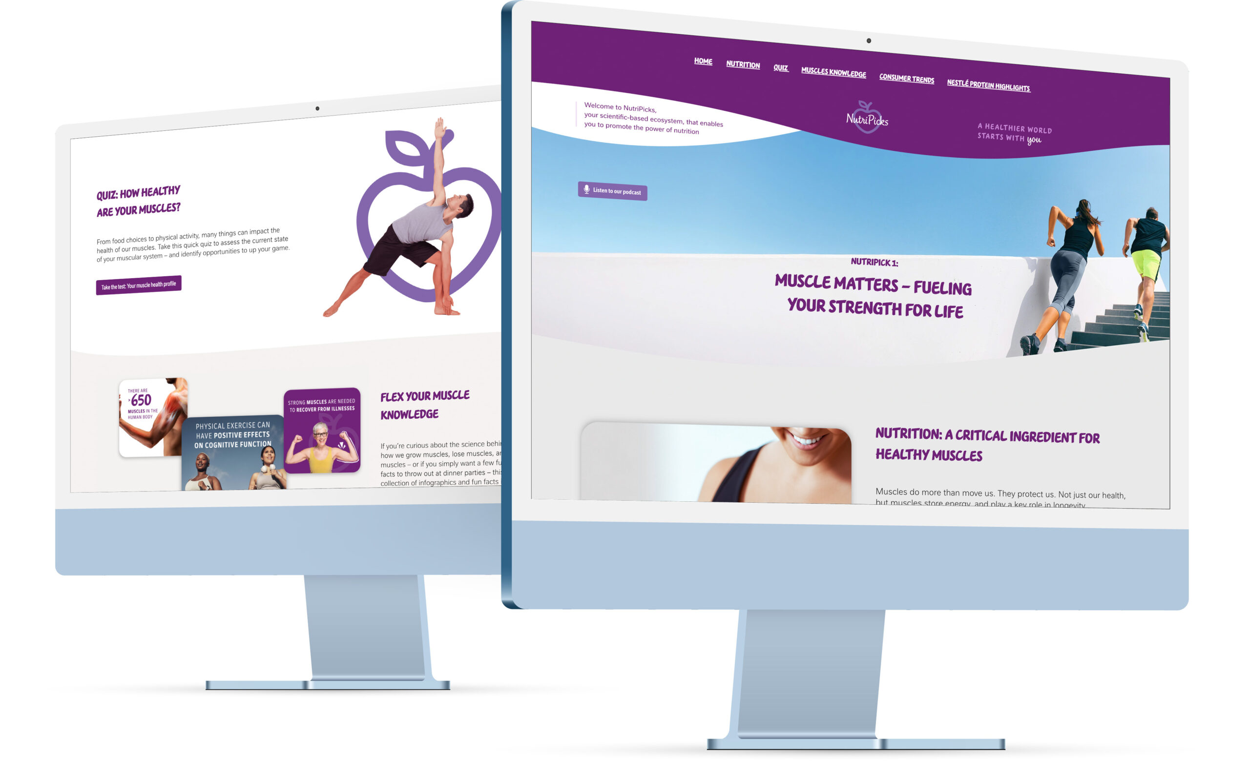Two desktop mockups of the NutriPicks platform